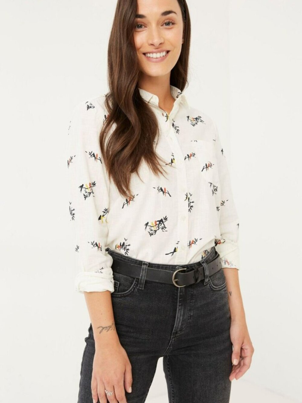 Fat Face Olivia Bird Print Button Front Long Sleeve Shirt Size 10